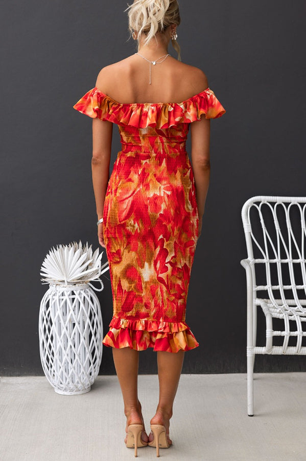 Lost In Mykonos Floral Off Shoulder Ruffle Smocked Midi Dress