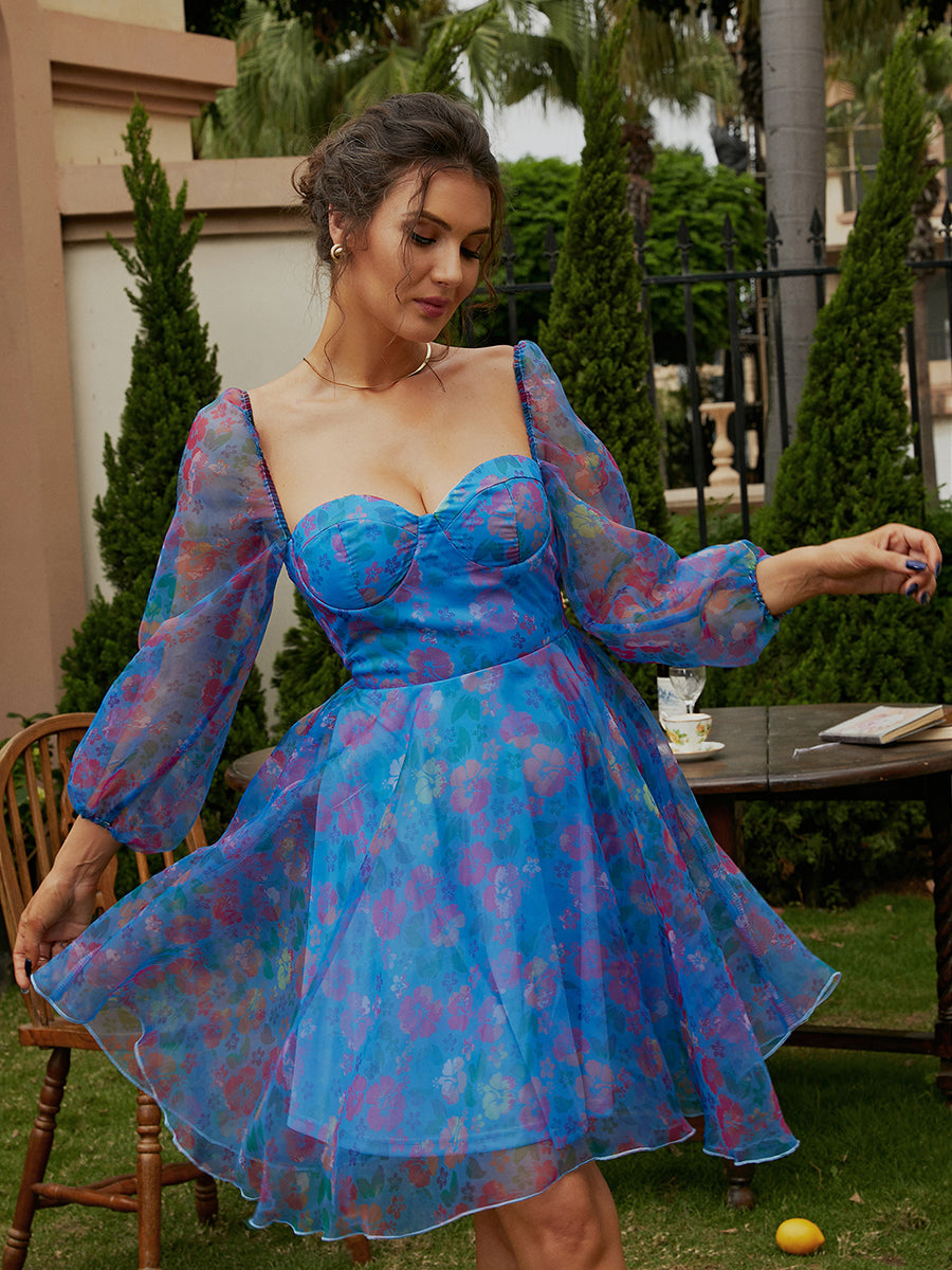 Floral Lantern Sleeve Mesh Print Mini Tulle Prom Dress XH1881