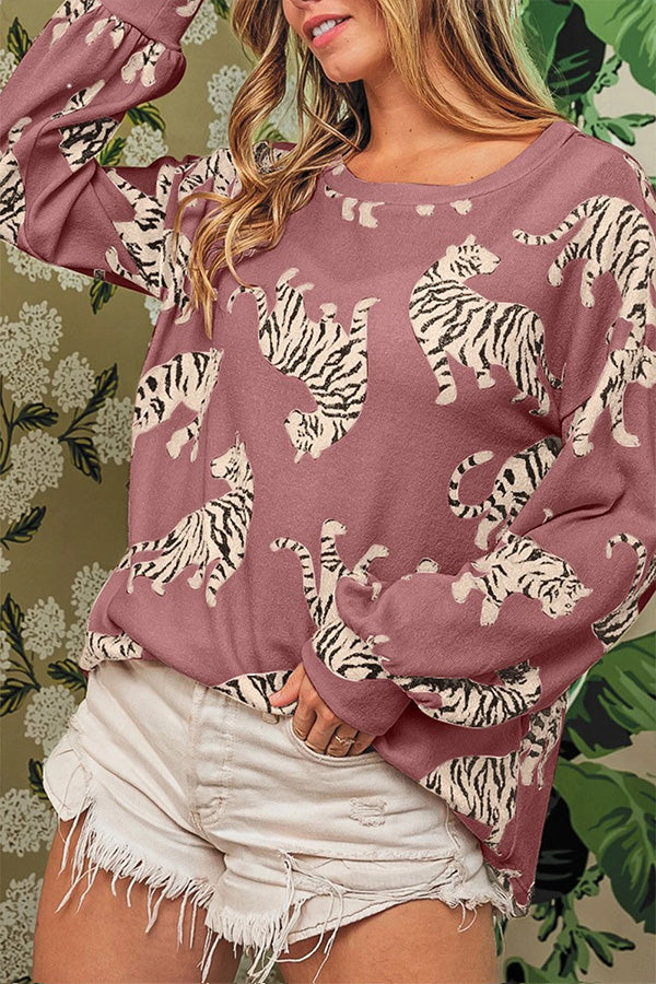 Animal Print Drop Sleeve Pullover Sweatshirt