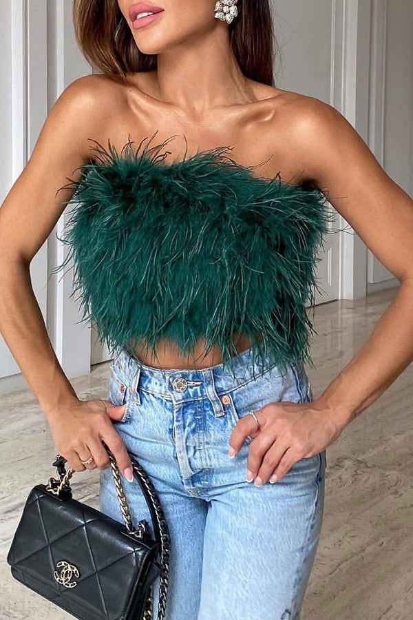 Fancy Night Out Off Shoulder Feather Crop Top