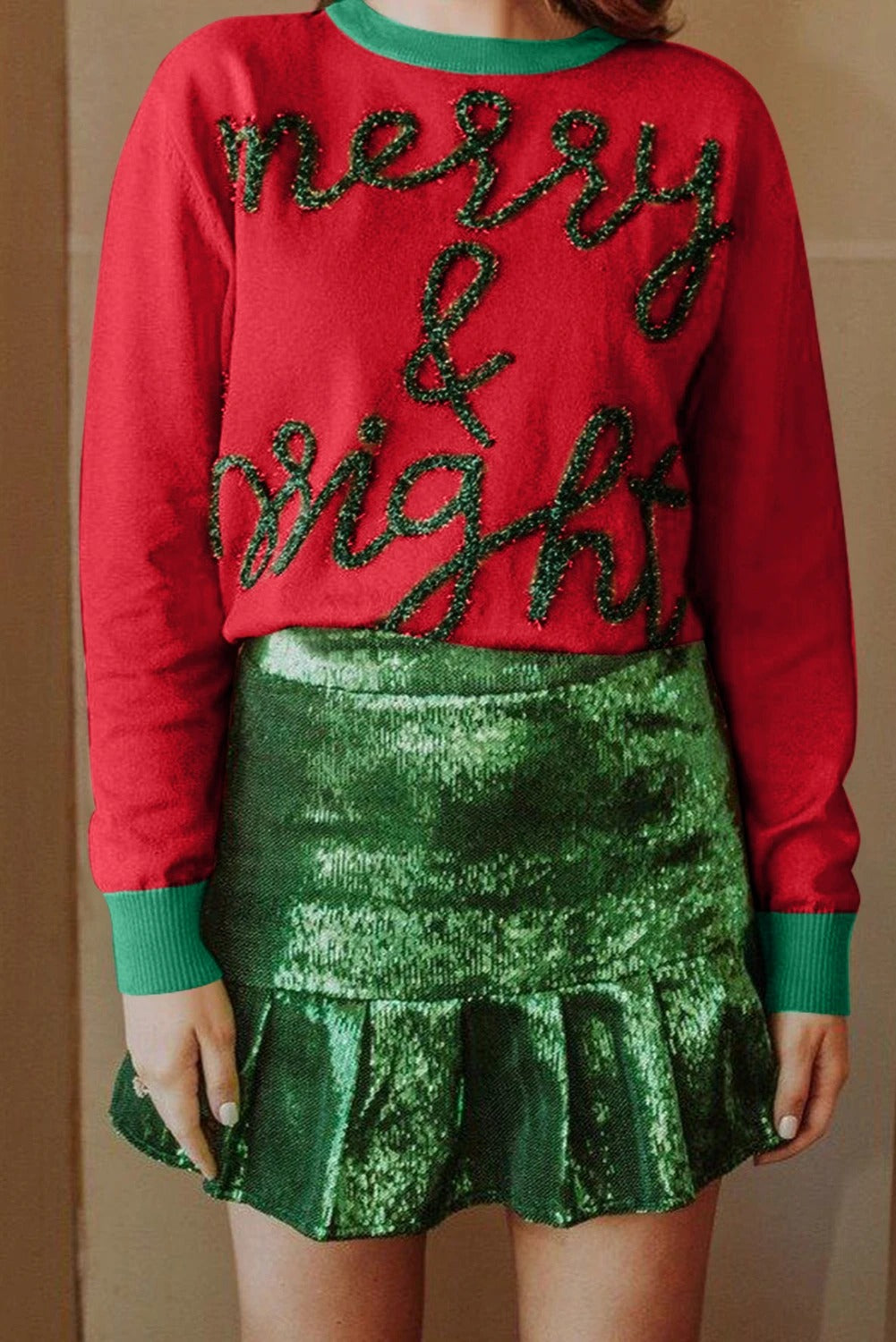 Red Tinsel Merry & Bright Contrast Trim Sweater