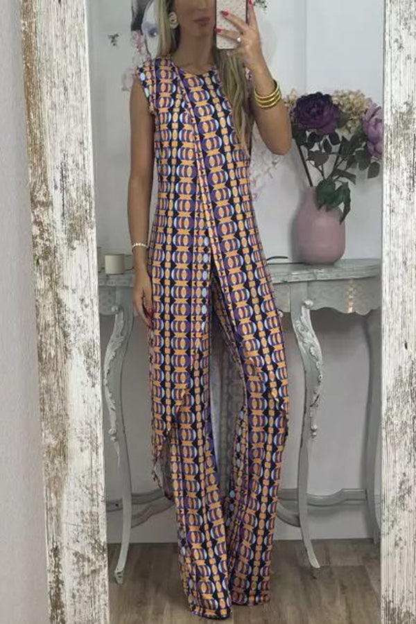 Talk about Charm Printed Front Split Midi Top and Stretch High Waist Flare Pants Set