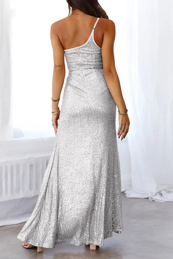 Stunning Views Sequined One Shoulder Slit Maxi Dress