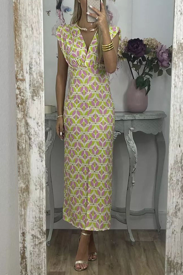 Forever Here Printed Padded Shoulder Front Center Slit Midi Dress