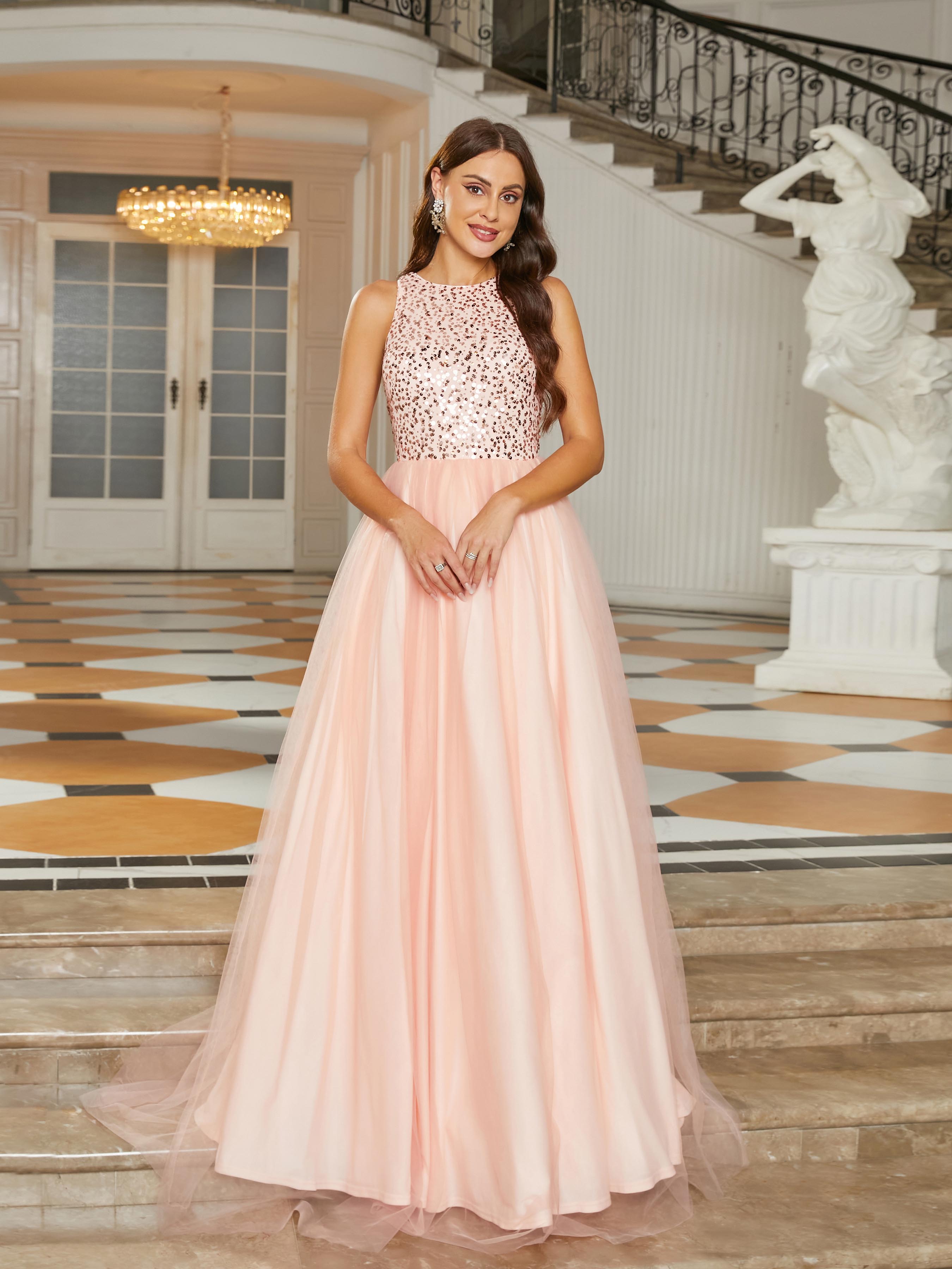 Formal Sleeveless A-Line Mesh Pink Ball Gown RJ10685