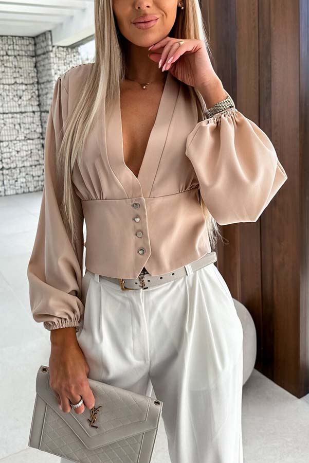 Helena V-neck Button Balloon Sleeve Blouse