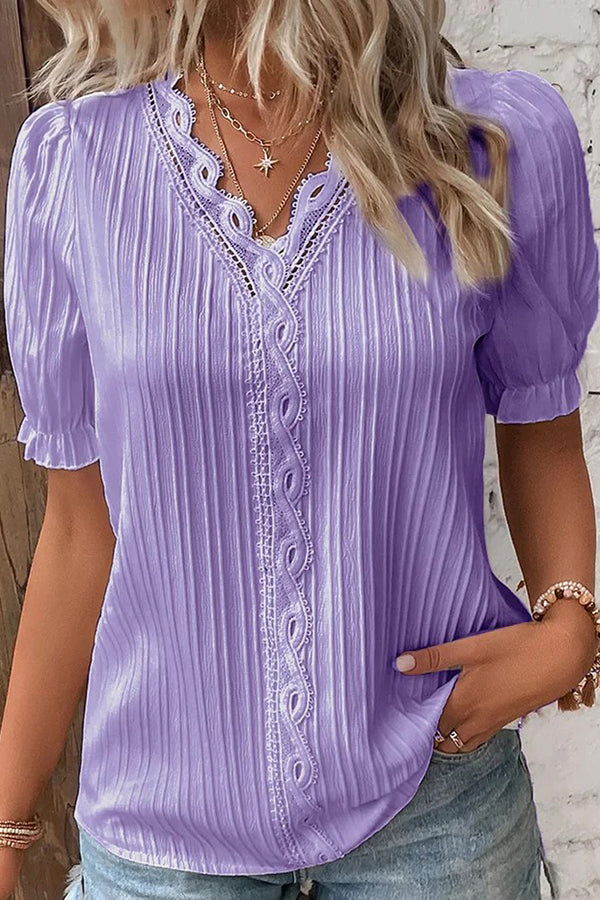 V Neck Solid Color Hollow Lace Shirt