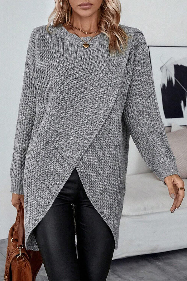 Essence Solid Wrap Hem Knitted Long Sleeve Midi Sweater