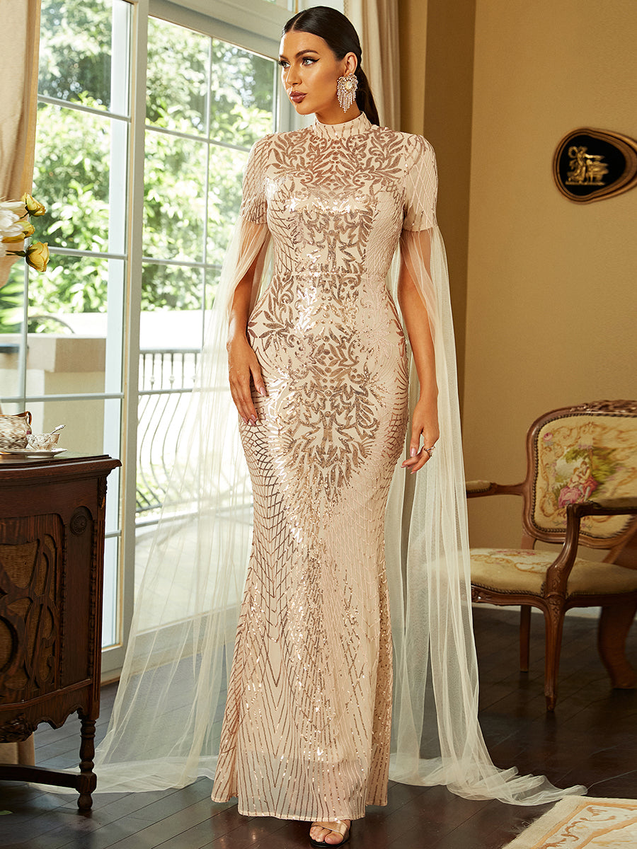 Drape Sleeve Mermaid Sequin Gold Prom Dress XH2241