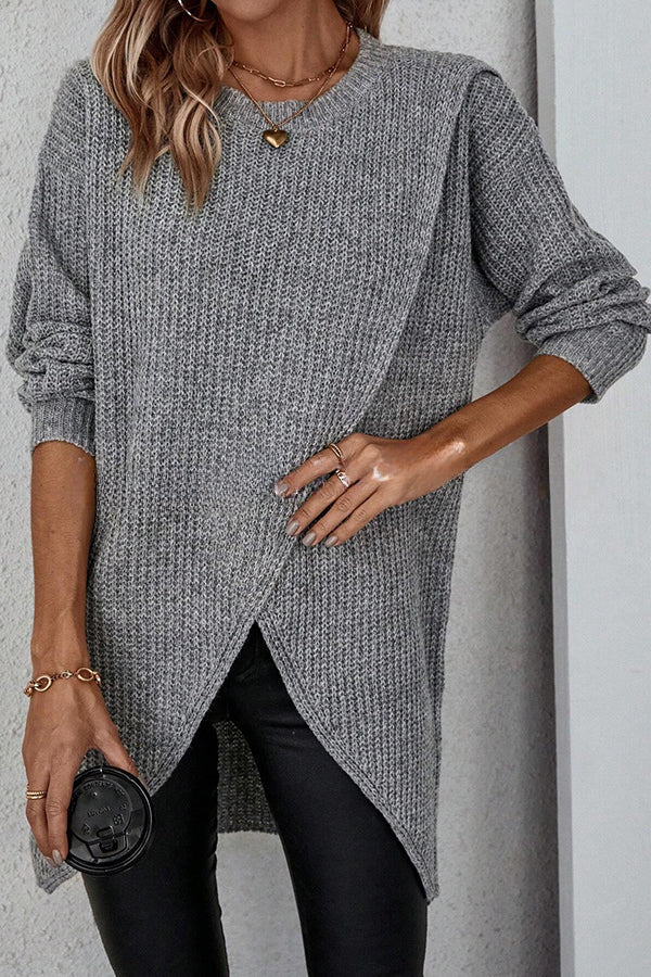 Essence Solid Wrap Hem Knitted Long Sleeve Midi Sweater