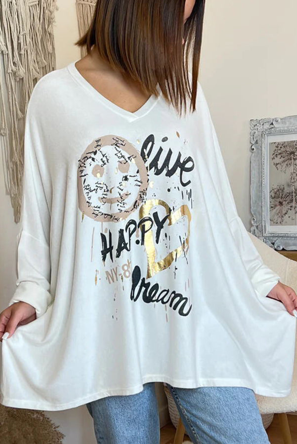 Live Happy Dream Printed Dolman Sleeve Loose Sweatshirt