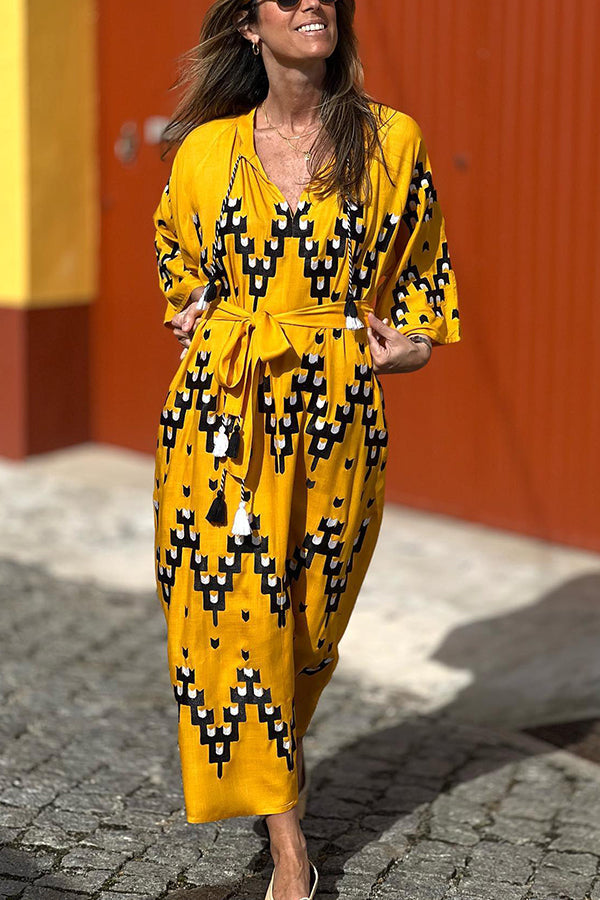 Yellow Loose V Neck Resort Dress