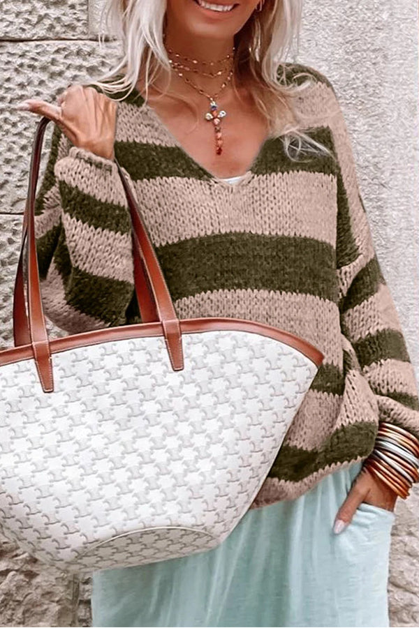 Green Striped Colorblock Knit V Neck Loose Fit Sweater