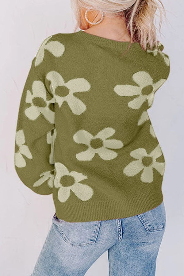 Floral Print Knitted Long Sleeve Pullover Sweater