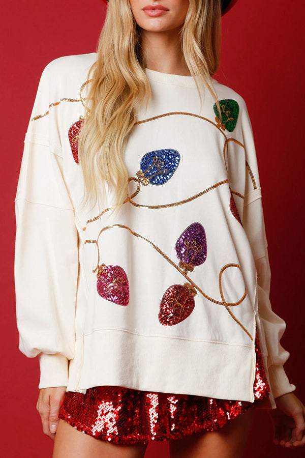 Christmas Lights Sequin Slit Pullover Sweatshirt