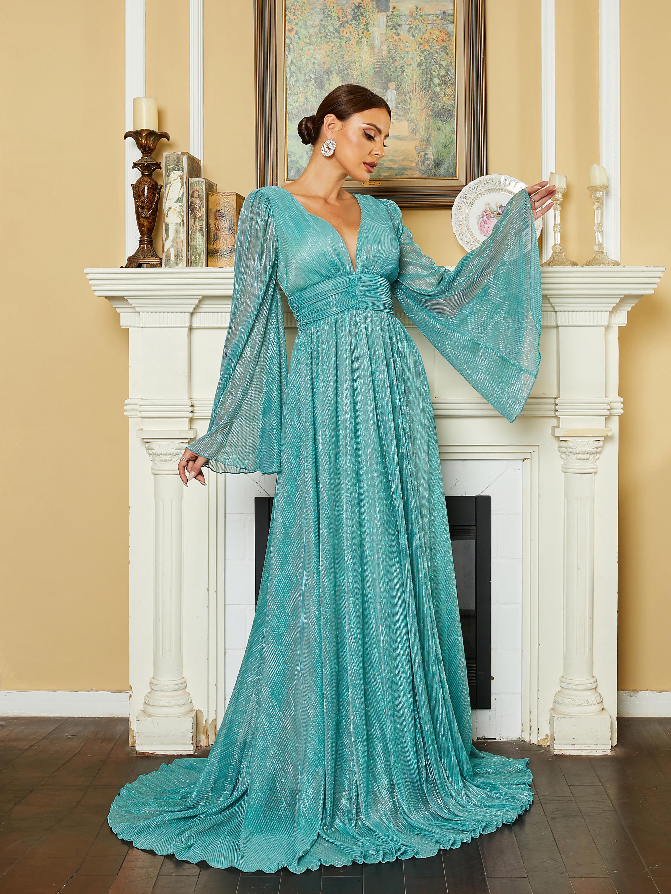 Bell Sleeve A-Line Mesh Green Ball Gown RM20578