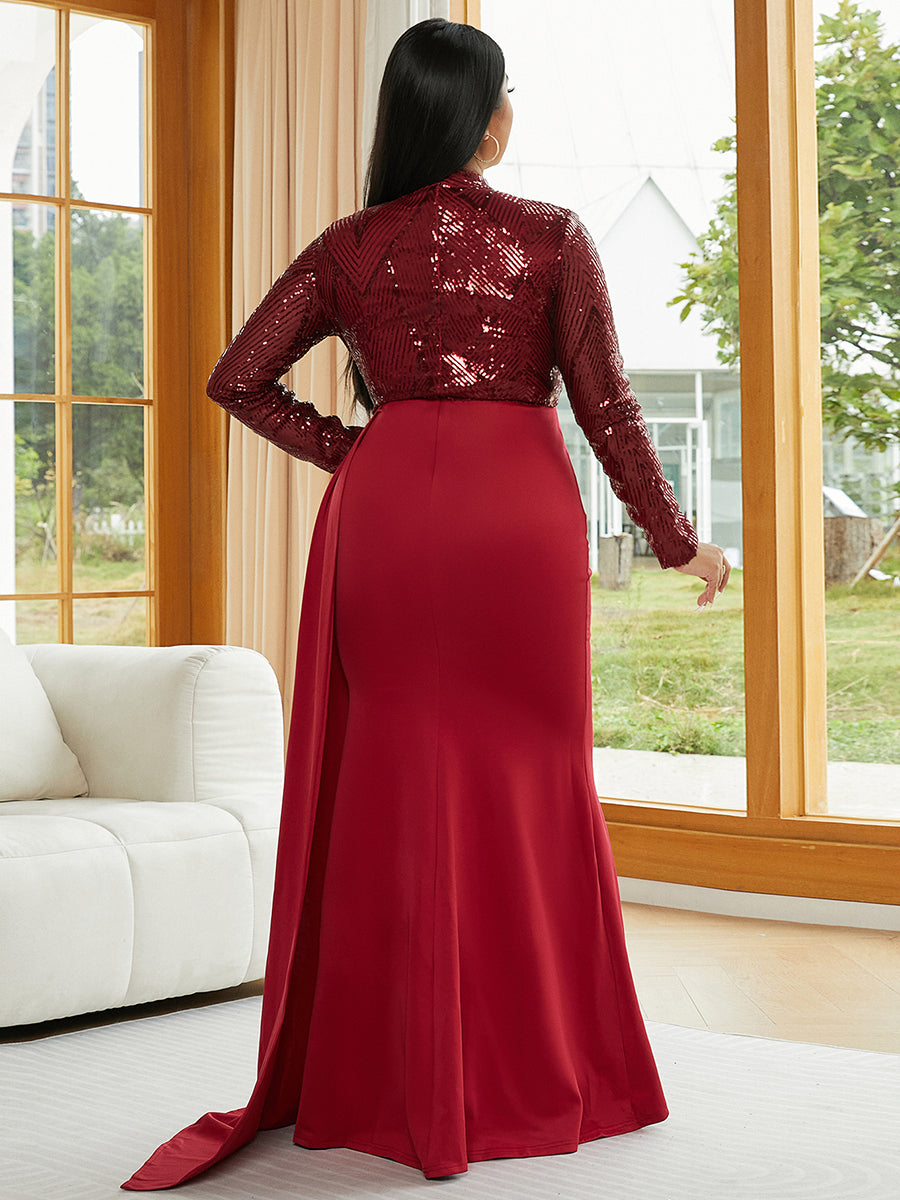 Plus Size Stand Collar Ribbon Evening Dress PM02153