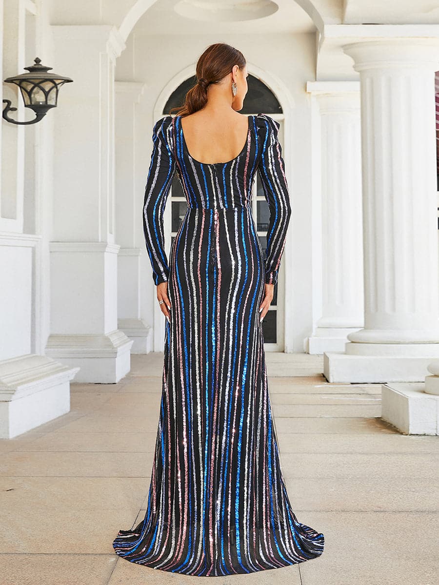 Crew Neck Striped Sequin Blue Evening Dress XJ1966