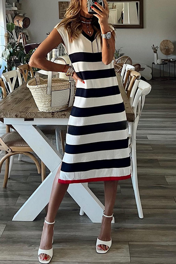 Cutest In The Room Striped V-neck Loose Slit Midi Dress