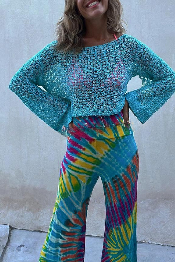 Happy Journey Tie-dye Print High Waist Stretch Flare Pants