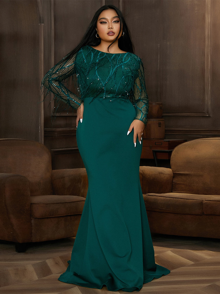 Long Sleeve Fringed Sequin Green Evening Dress PJMT1103