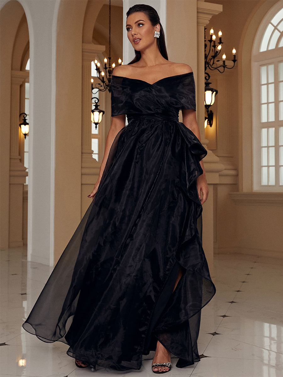 Off Shoulder Maxi Tulle Black Evening Dresses WY52