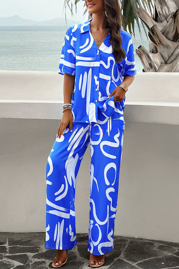 Fun Printed Button Pocket Long Sleeve Shirt and Elastic Waist Pants Set