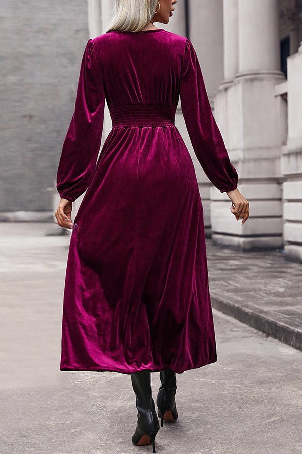 Lace Paneled Buttoned High Waist Pleated Velvet Dress