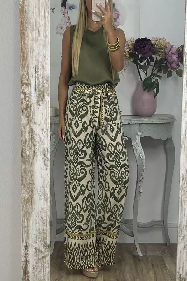 Cecilia Ethnic Print Tie Front Elastic Waist Wide Leg Pants