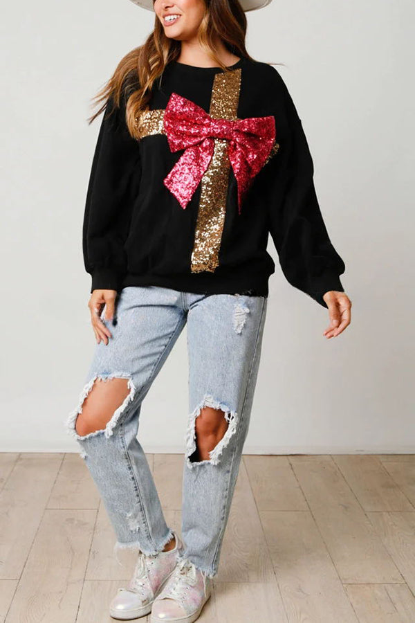 The Best Holiday Gifts Sequin Bow Loose Holiday Sweatshirt