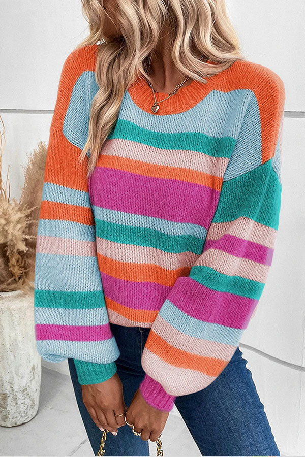 Multicolour Striped Knit Drop Shoulder Lantern Sleeve Sweater