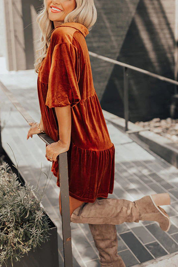 Maple Latte Velvet Button Tunic Mini Dress