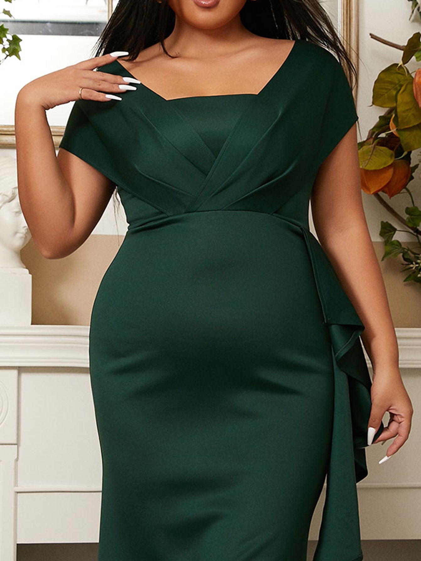 Plus Size Square Neck Emerald Green Mermaid Evening Dress PXH2461