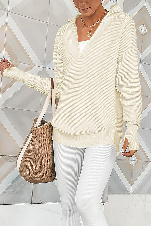 Half-Zip V-Neck Relaxed Rib-Knit Sweater