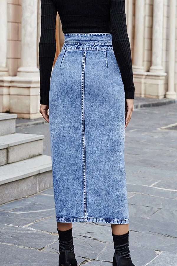 Solid Color High Waist Front Slit Side Pocket Denim Skirt