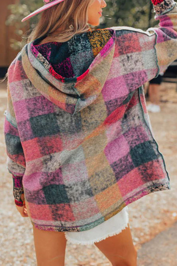 Brighten Up Your Day Hot Plaid Print Kangaroo Pocket Loose Hoodie