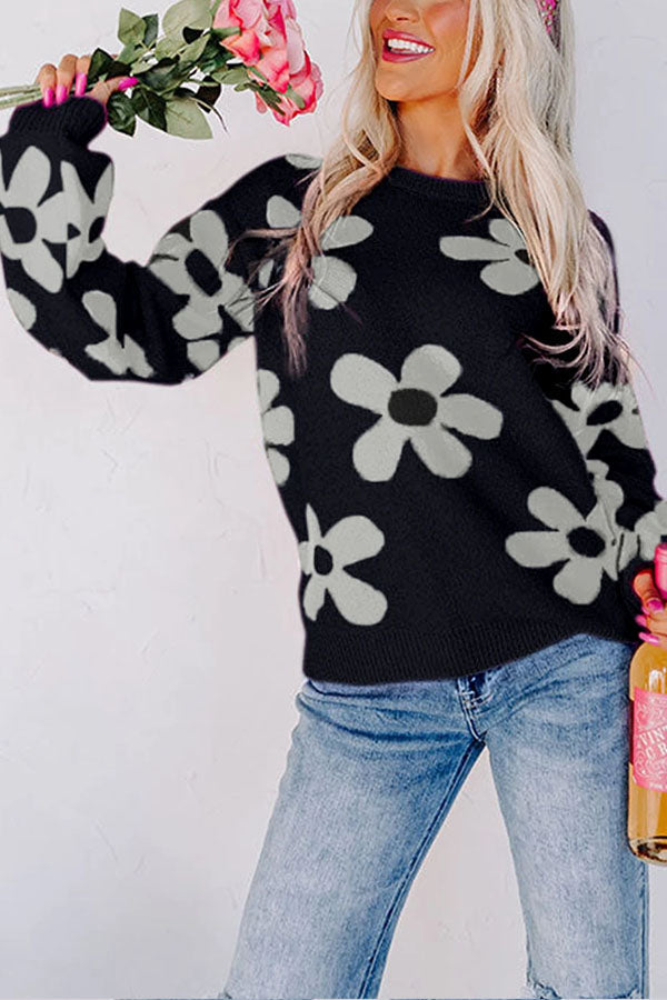 Floral Print Knitted Long Sleeve Pullover Sweater