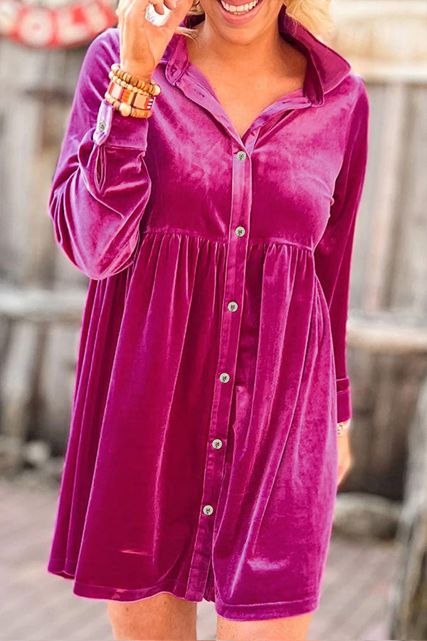 Long Sleeve Ruffle Velvet Button Up Shirt Dress