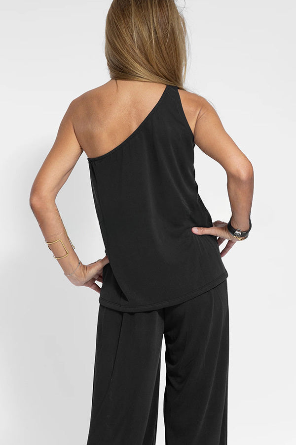 Modal One Shoulder Tank & Stretch Wide-leg Pants& Midi Vest Three Pieces Suit