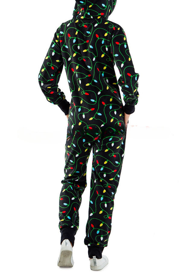 Christmas Print Zipper Pocketed Hooded Loungewear Jumpsuit