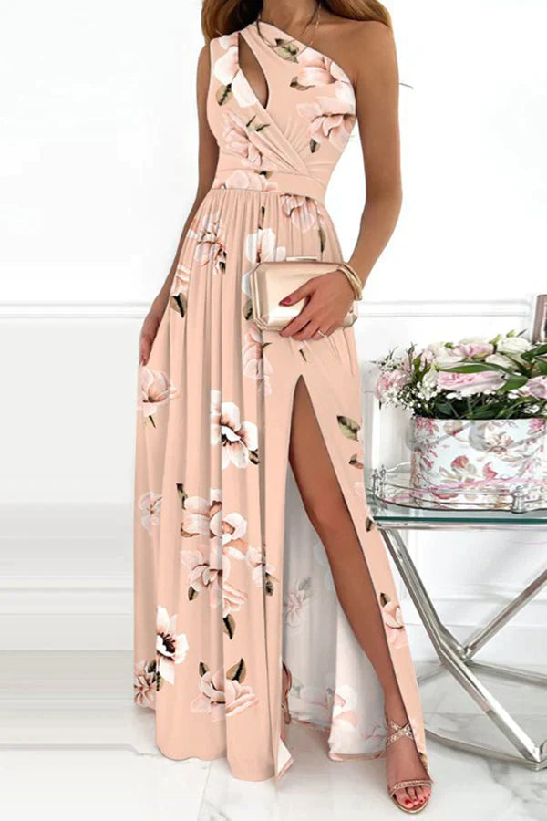 Jolie Floral One Shoulder Cutout Slit Maxi Dress