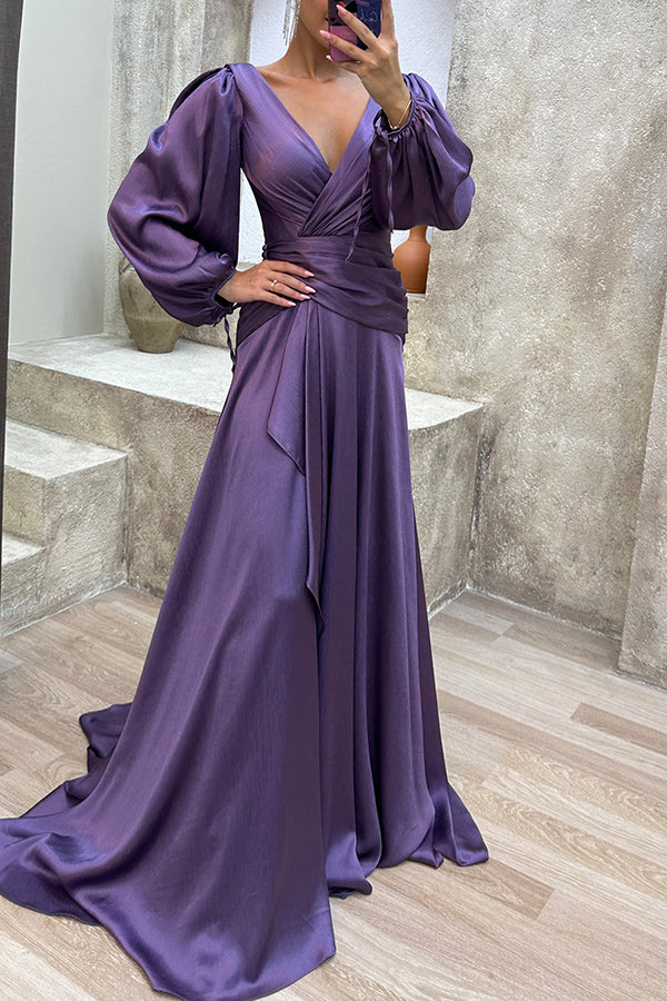 Love Me Tonight Satin Balloon Sleeve Ruffles Evening Maxi Dress