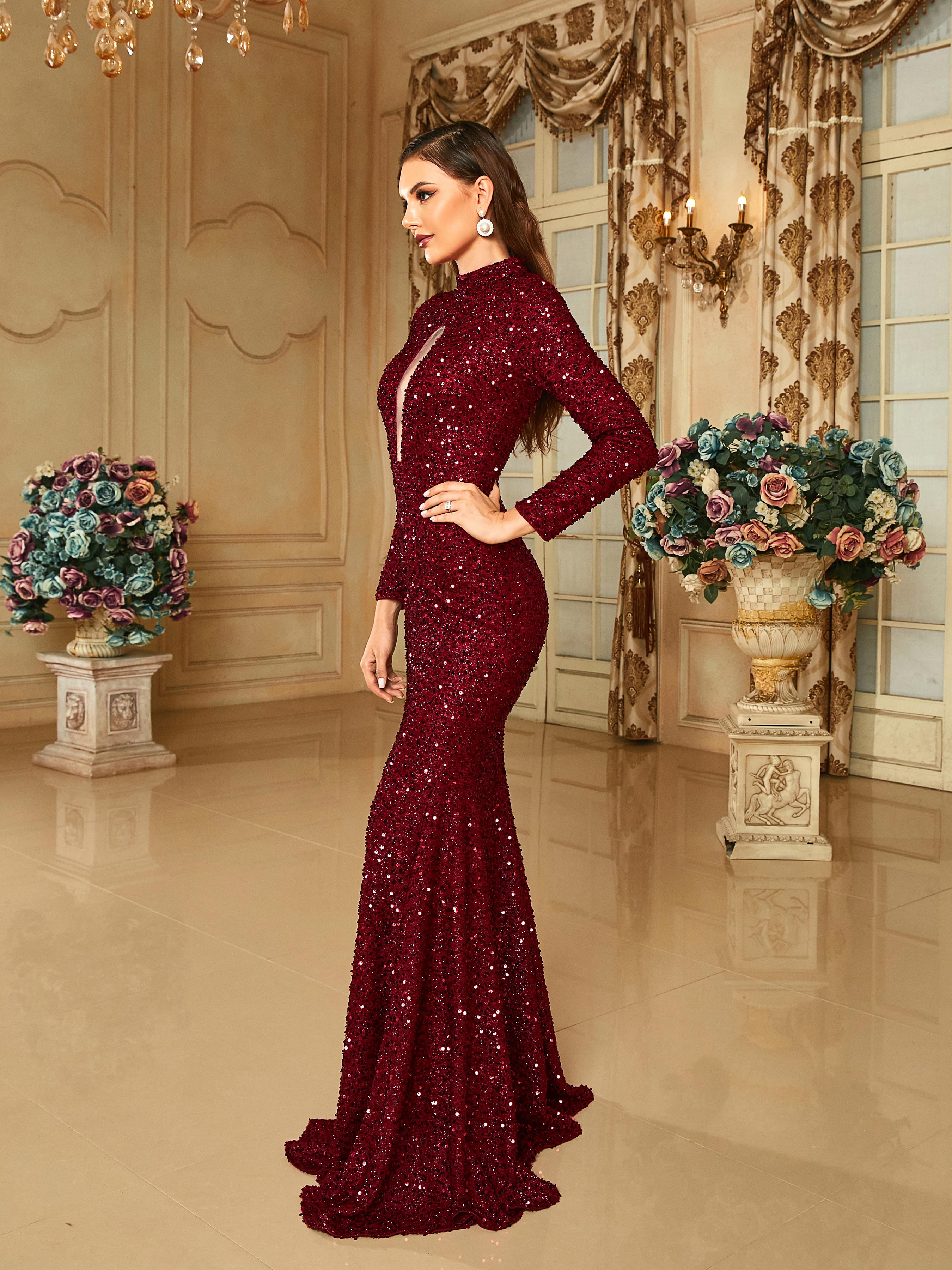 Crew Collar Cutout Sequin Mermaid Wine Prom Dress RM20650