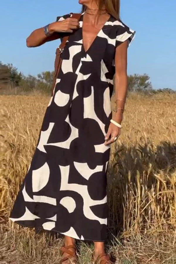 V Neck Geometric Pattern Loose Midi Dress