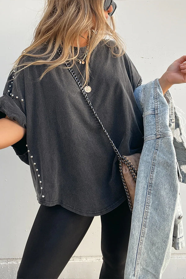 WASHED ROLL UP SLEEVE STUDDED OVERSIZED TEE