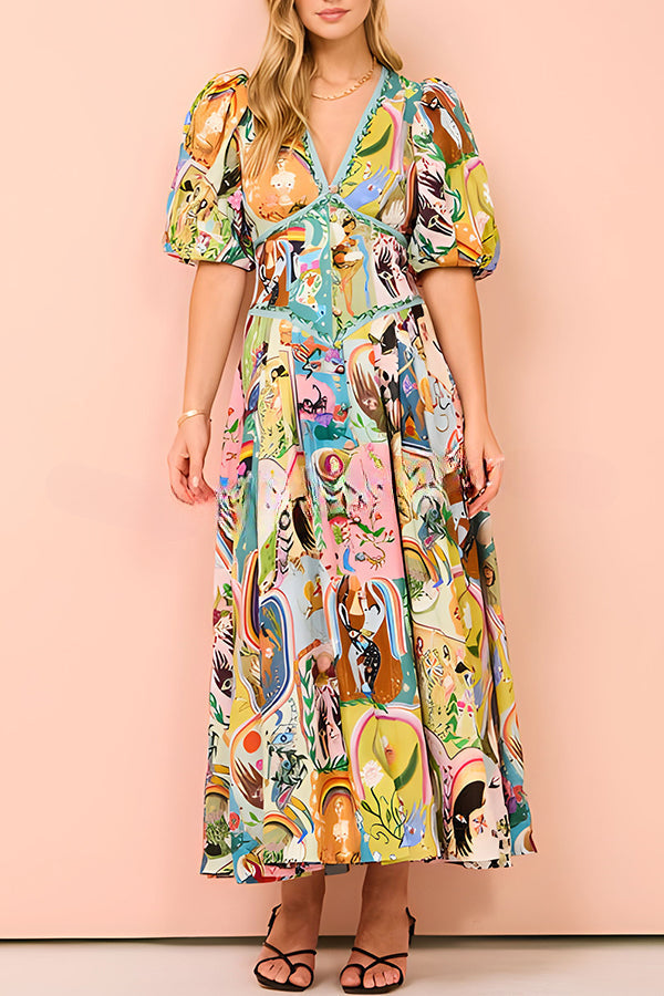 Exquisite Unique Printed V Neck Puff Sleeve Maxi Dress