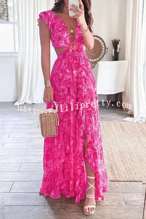 Boldest Bloom Floral Printed Ruffle Sleeve Cutout Maxi Dress