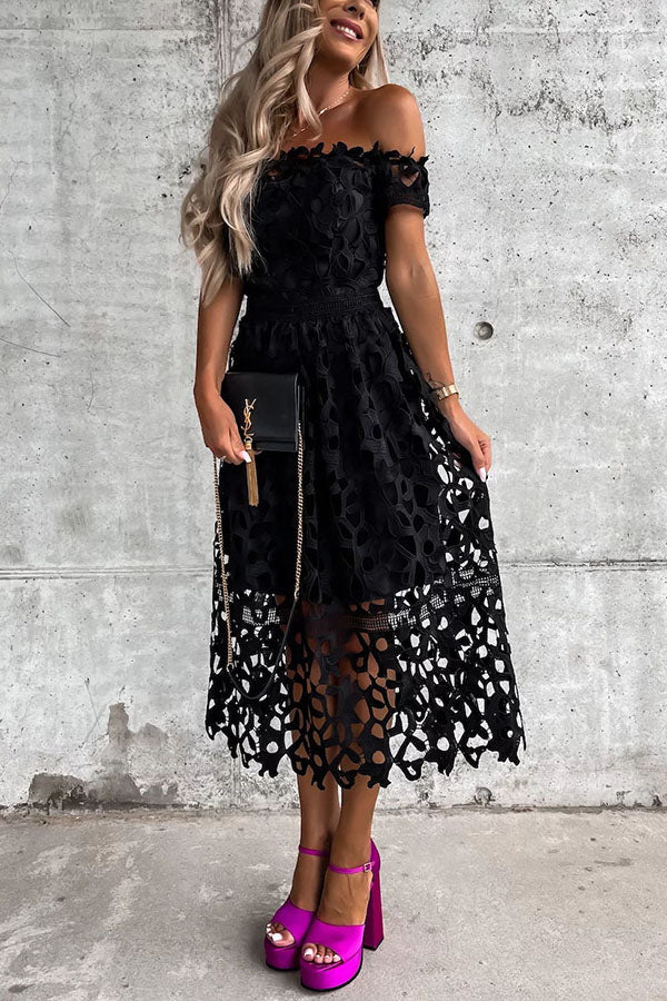 Dream Date Off Shoulder Crochet Lace Midi Dress