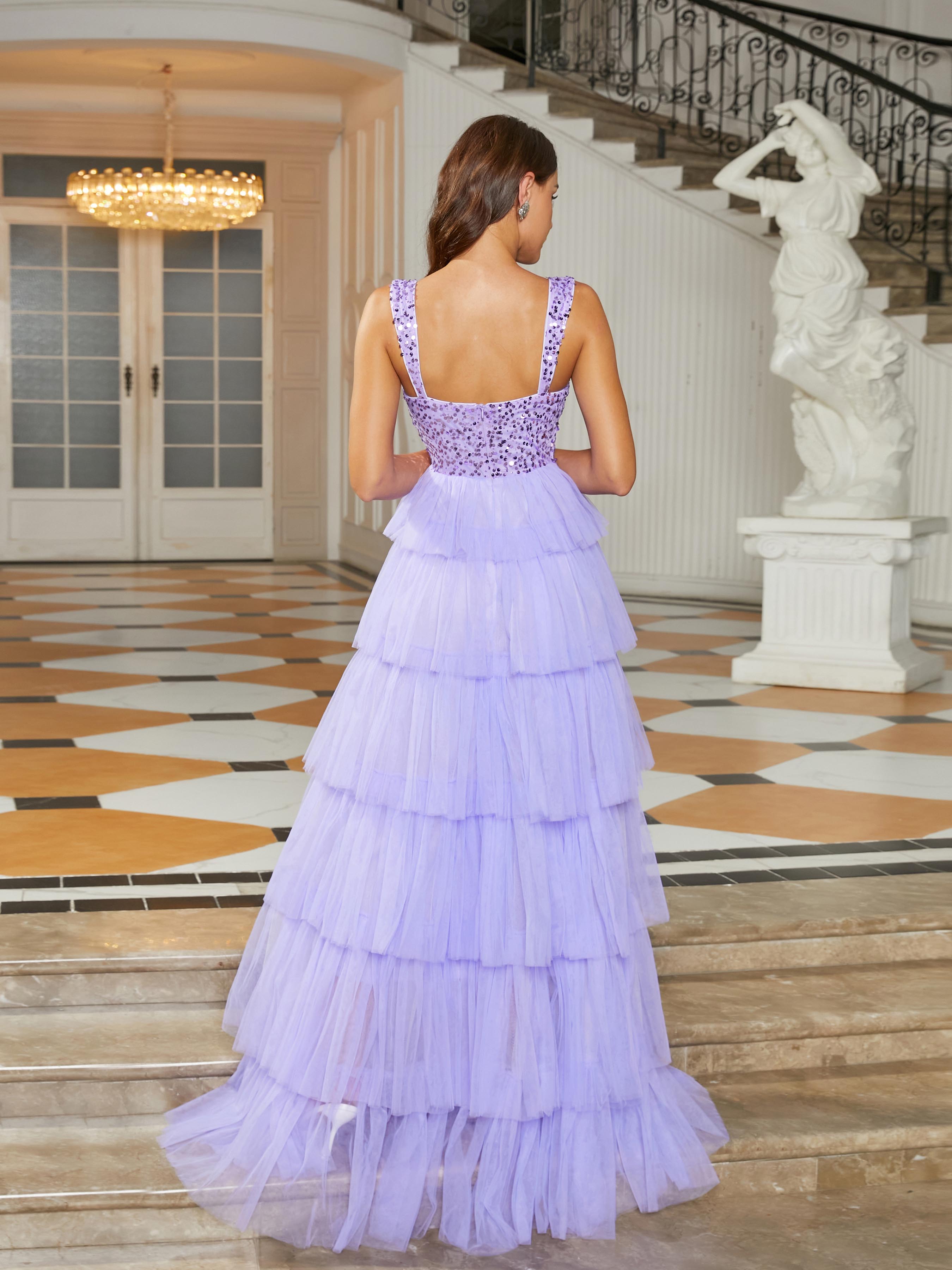 Formal Square Neck A-Line Mesh Purple Ball Gown RJ10686