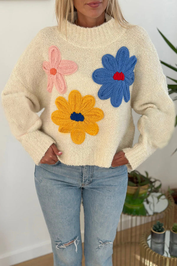 Sun Kissed Knit Colorful Floral Turtleneck Pullover Sweater